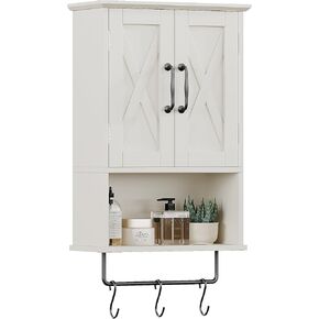 ChooChoo Farmhouse Medicine Cabinet, Bathroom Wall Cabinet with Adjustable Shelf, Towel Bar, 3 Hooks, Over The Toilet Storage Cabinet for Bathroom, Kitchen, Antique White & Brown