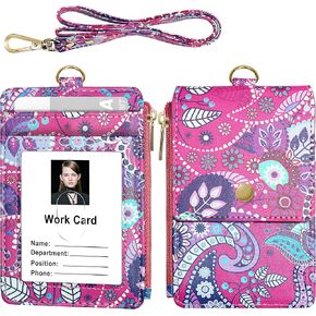 ELV Badge Holder with Zipper, ID Badge Card Holder Wallet with 5 Card Slots, 1 Side RFID Blocking Pocket and 20 inch Neck Lanyard Strap for Offices ID, School ID, Driver Licence (Hot Pink)