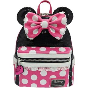 Loungefly Minnie Mouse Sequin Mini Backpack, Polka Dots, Cosplay, 8.5 x 11 x 4.5 inches, Faux Leather, Black