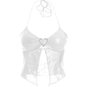 Verdusa Women's Rhinestone Backless Ruched Asymmetrical Split Crop Halter Top