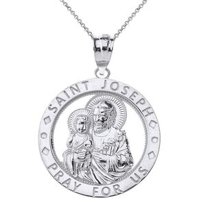 Sterling Silver Saint Joseph Pray For Us Round Charm Pendant Necklace