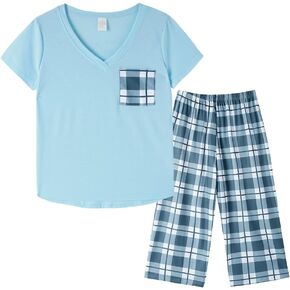 YIJIU Women's Short Sleeve Tops and Capri Pants Cute Cartoon Print Pajama Sets