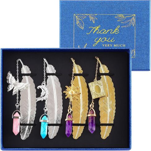 مجموعة الإشارات المرجعية المعدنية - 4 قطع من الإشارات المرجعية المعدنية ذات الريش العتيق مع قلادة كريستال على شكل فراشة، هدية تقدير المعلم، هدايا للنساء والفتيات قارئات الكتب، هدية عيد الحب للأمهات in Kuwait