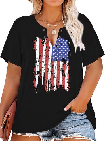 HDLTE Womens Plus Size American Flag Tops Ring Hole V-Neck Blouse 4th of July Patriotic Shirts 2X - 5X in Saudi Arabia