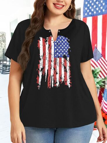 HDLTE Womens Plus Size American Flag Tops Ring Hole V-Neck Blouse 4th of July Patriotic Shirts 2X - 5X in Saudi Arabia