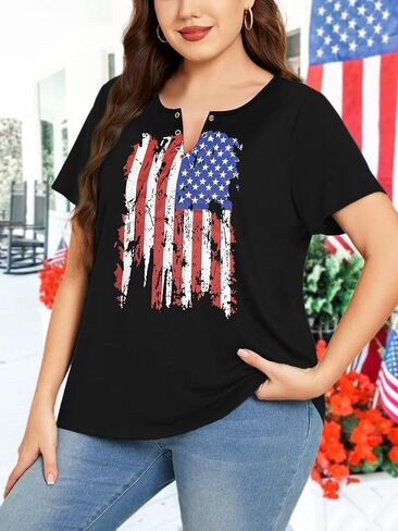 HDLTE Womens Plus Size American Flag Tops Ring Hole V-Neck Blouse 4th of July Patriotic Shirts 2X - 5X in Saudi Arabia