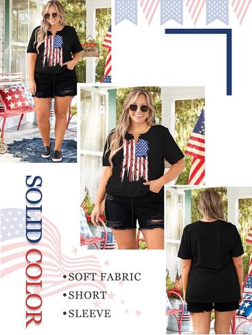 HDLTE Womens Plus Size American Flag Tops Ring Hole V-Neck Blouse 4th of July Patriotic Shirts 2X - 5X in Saudi Arabia