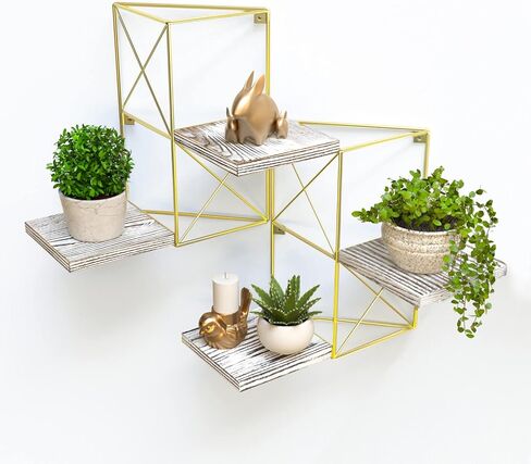 J JACKCUBE DESIGN Wall Mounted Floating Shelves, Set of 2 Gold Frame and Rustic Wooden Planter Display Organizer Shelf for Bedroom, Living Room, Bathroom, Kitchen and Office Decor- MK687A in Saudi Arabia
