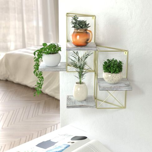 J JACKCUBE DESIGN Wall Mounted Floating Shelves, Set of 2 Gold Frame and Rustic Wooden Planter Display Organizer Shelf for Bedroom, Living Room, Bathroom, Kitchen and Office Decor- MK687A in Saudi Arabia
