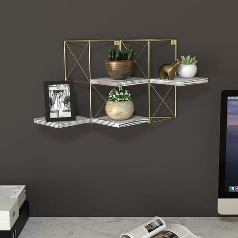 J JACKCUBE DESIGN Wall Mounted Floating Shelves, Set of 2 Gold Frame and Rustic Wooden Planter Display Organizer Shelf for Bedroom, Living Room, Bathroom, Kitchen and Office Decor- MK687A in Saudi Arabia