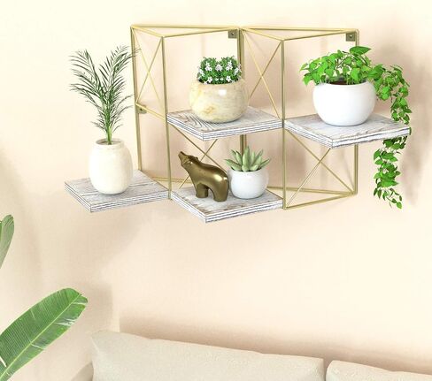 J JACKCUBE DESIGN Wall Mounted Floating Shelves, Set of 2 Gold Frame and Rustic Wooden Planter Display Organizer Shelf for Bedroom, Living Room, Bathroom, Kitchen and Office Decor- MK687A in Saudi Arabia