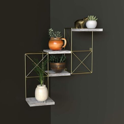 J JACKCUBE DESIGN Wall Mounted Floating Shelves, Set of 2 Gold Frame and Rustic Wooden Planter Display Organizer Shelf for Bedroom, Living Room, Bathroom, Kitchen and Office Decor- MK687A in Saudi Arabia