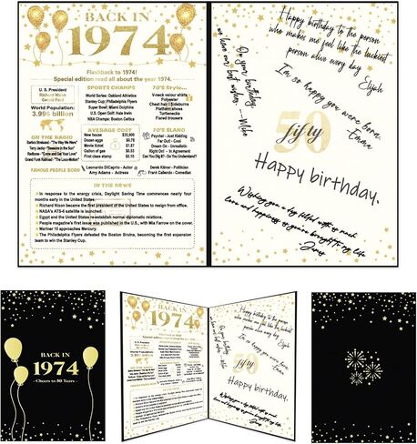 هدية عيد الميلاد الخمسين للرجال أو النساء من كرينكس، ملصق عيد ميلاد إبداعي في عام 1974، كتاب توقيع ضيف عيد الميلاد الخمسين العملاق لتزيين حفلات عيد الميلاد الخمسين باللونين الأسود والذهبي in Kuwait