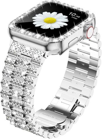 iiteeology Compatible with Apple Watch Band 45mm 44mm 41mm 40mm, Women Rhinestone Stainless Steel Band with Bling Diamond Case for iWatch Series 9/8/7/6/5/4/SE in Saudi Arabia
