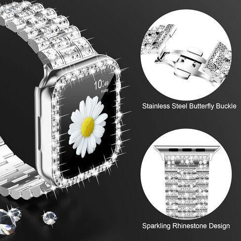 iiteeology Compatible with Apple Watch Band 45mm 44mm 41mm 40mm, Women Rhinestone Stainless Steel Band with Bling Diamond Case for iWatch Series 9/8/7/6/5/4/SE in Saudi Arabia