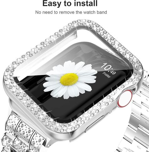 iiteeology Compatible with Apple Watch Band 45mm 44mm 41mm 40mm, Women Rhinestone Stainless Steel Band with Bling Diamond Case for iWatch Series 9/8/7/6/5/4/SE in Saudi Arabia
