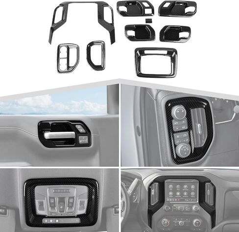 غطاء طقم الكسوة الداخلية من ألياف الكربون ملحقات تزيين وحدة التحكم المركزية المتوافقة مع شيفروليه سيلفرادو 2019-2022، لسيارة جي إم سي سييرا 2019-2022، 9 قطع in Kuwait