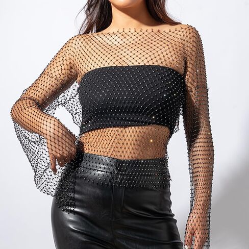 Rhinestone Mesh Top for Women Sparkly Mesh Top See Through Mesh Cover Up Bikini Boat Neck Long Sleeve Top in Kuwait