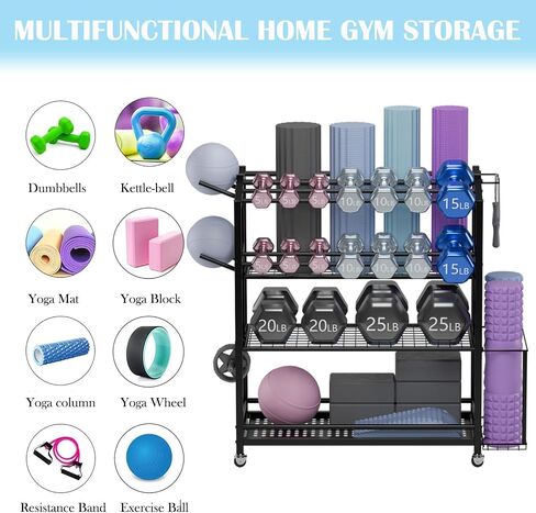 Yoga Mat Storage Rack,Home Gym storage Rack Yoga Mat Holder,Workout Equipment Storage for Yoga Mat,Foam Roller,dumbbell rack with Wheels and Hooks,Gym Equipment Storage for Home in Saudi Arabia