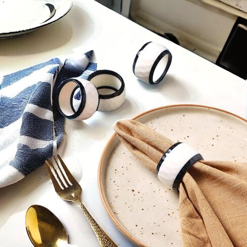 Napkin Rings Set of 12 for Dining Table Decoration Parties Everyday Metal Napkin Holder Napkin Rings for Dinner Table Decor, Wedding, Banquet, Party - Midnight White Flour in Kuwait