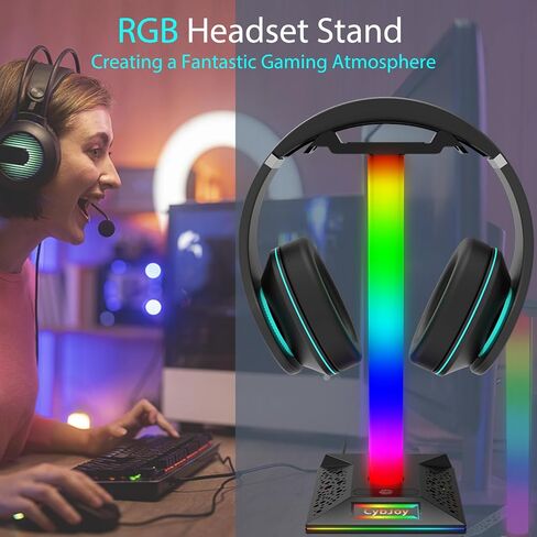 RGB Headset Stand, Gaming Headphone Stand with 2 USB Charging Ports,10 Light Modes Headset Holder PC Gaming Accessories, Suitable for All Earphone Accessories, Gift for Boys Men Gamers in Saudi Arabia