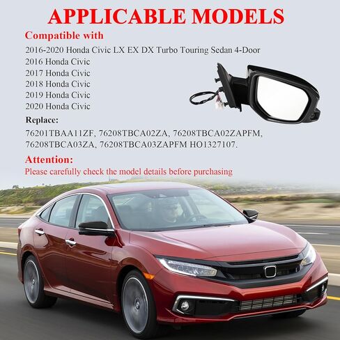 مرآة جانبية للركاب الأيمن من ونفون تناسب 2016 2017 2018 2019 2020 هوندا سيفيك، مرايا مزودة بالطاقة | مسخن | الكاميرا | استبدال الطي اليدوي HO1321284، 76208TBCA03ZA-PFM (11 دبابيس) in Kuwait