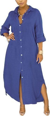 qfmqkpi Women's Solid Color 3/4 Rolled-Up Sleeve Shirts Dress Buttons Down Side Slit Maxi Dresses in Kuwait