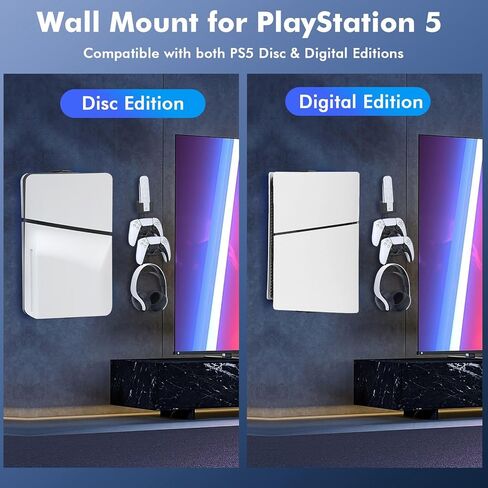 ملحقات حامل الحائط النحيف Allnice PS5، دعامة تثبيت على الحائط لقرص بلاي ستيشن 5 النحيف والإصدار الرقمي، ملحقات حامل حامل حائط نحيف PS5 من الفولاذ القوي مع وحدة تحكم وشماعة سماعة الرأس in Kuwait