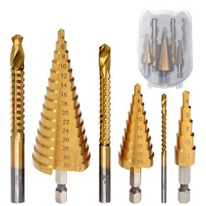 6Pcs Titanium Coated Drill Bit Set, High Speed Steel Step Drill Bit 4-12mm / 4-20mm / 4-32mm and Twist Drill Bits 3mm / 6mm / 8mm for Metalworking, Woodworking, Hole Drilling with Storage Box