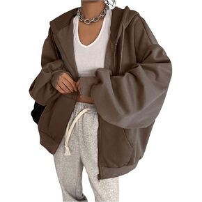 SweatyRocks Women's Causal Drop Shoulder Long Sleeve Sweatshirts Oversized Full Zip Solid Hoodie with Pocket