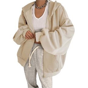 SweatyRocks Women's Causal Drop Shoulder Long Sleeve Sweatshirts Oversized Full Zip Solid Hoodie with Pocket
