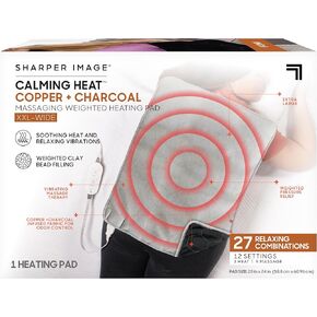 Calming Heat Copper + Charcoal Massaging Heating Pad by Sharper Image- Weighted Electric Heating Pad with Vibrations, Auto Off, 12 Settings- 3 Heat, 9 Massage- 27 Relaxing Combo, 12" x 24", 4 lbs