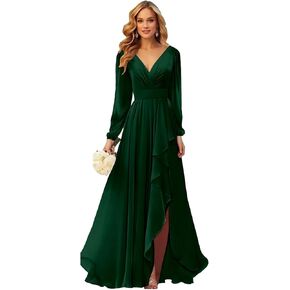 Emerald Green Bridesmaid Dresses for Wedding Womem Long Sleeves High Low Formal Evening Dress with Slit Size 4