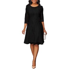 Women's Cocktail Midi Dresses Wedding Guest 3/4 Sleeve Floral Lace Party Fit and Flare A-Line Swing Dress