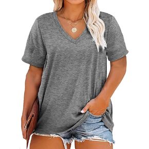 Plus Size V Neck T Shirts Women Short Sleeve Tops Casual Summer Tshirts Loose Fit Tee