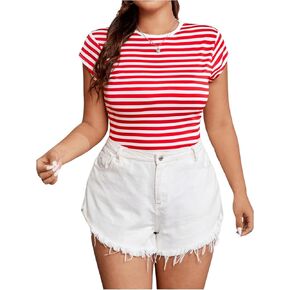 SweatyRocks Women's Plus Size Striped Print Cap Sleeve T Shirt Summer Basic Slim Fitted Tee Tops