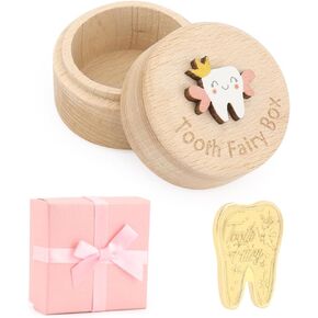 WALLFID Tooth Fairy Box for Lost Teeth For Kids, Wooden Tooth Box Cute 3D Tooth Storage Box Tooth Keepsake Box with Tooth Fairy Coin, Gift box