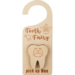 Tooth Fairy Door Hanger, with Money Holder Wooden Tooth Door Hanger Box for Keepsake Tooth Pick up Box for Kids Milk Teeth Encourage Gift Room Decor, 3D Tooth Box
