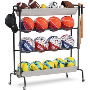 Basketball Rack, Rolling Ball Storage Stand with Baseball Bat Holder Storage Cart and Movable Hooks 4-Layer Organizer Holder with Wheels for Volleyball Football Rugby Balls