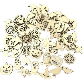 PRETYZOOM 100pcs Halloween Wooden Ornaments Unfinished Wood Cutouts Embellishments for Halloween Party Decorations Crafts DIY Supplies(Random)