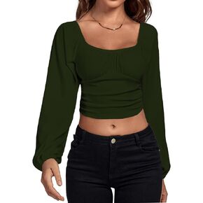 LYANER Women's Off Shoulder Ruched Lantern Sleeve Sexy Crop Top Tube Blouse