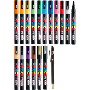 Uni Paint Marker Poster Color 17 Marking Pen Fine Point PC-3M 15 Standard & Gold,Silver Set With Kanji LOVE Sticker