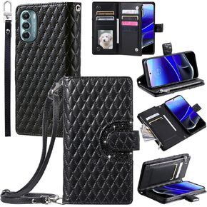 Phone Case for Motorola Moto G Stylus 5G 2022 Wallet Cover with and Crossbody Wrist Strap Shoulder Strap 9+ Card Slots Zipper Purse Leather Stand XT2215-1 XT2215-4 XT2215DL Women Men Black