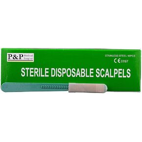 Disposable Scalpels Sterile Surgical Blade Size 12 Stainless Steel with Plastic Handle & Metric Line Individually Foil Wrapped by P&P MEDICAL SURGICAL Box of 10