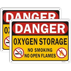 Danger, Oxygen Storage, No Smoking or Open Flames Signs 10"x 7" Oxygen Signs No Open Flames Signs No Smoking metal Signs for Storage Factory Business Hospital, Rust Free Aluminum 2 Pack