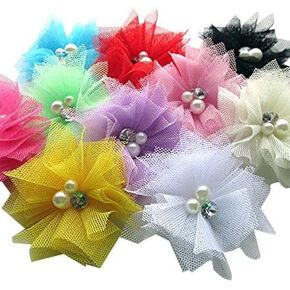 Chenkou Craft 20PCS Mesh Ribbon Flowers Bows W/Beads Rhinstone Appliques Craft Lots Bulk