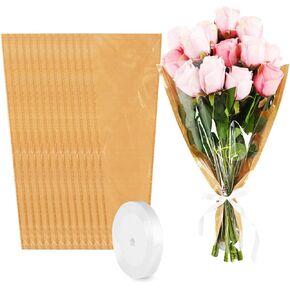 JarThenaAMCS 50Pcs Flower Bouquet Sleeves Kraft Paper Wrapping Bags with Ribbons Clear Floral Arrangement Supplies for Valentine Wedding Anniversary Mother's Day Florist, 24.8 x 8.7 x 4.7 Inch