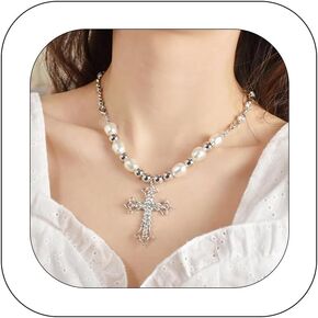 Punk Celtic Cross Necklace Vintage Rhinestone Pearl Choker Necklace Gothic Luster Beaded Choker Silver Cross Pendant Necklace for Women