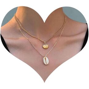 Bohemian Layered Shell Necklace Gold Clam Shell Pendant Necklace Cowrie Shell Choker Necklace Summer Seashell Cowrie Necklace Chain Jewelry for Women and Girls Gifts