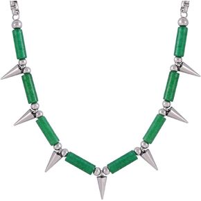 Green Natural Stone Spike Cone Necklace for Women Men Stainless Steel Beaded Punk Choker Statement Necklace Jewelry